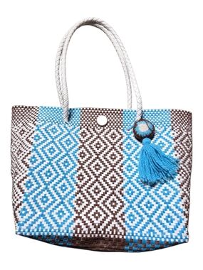 Mexican Handwoven Plastic geometric Blue & Brown Woven Tote with Tassel Accent